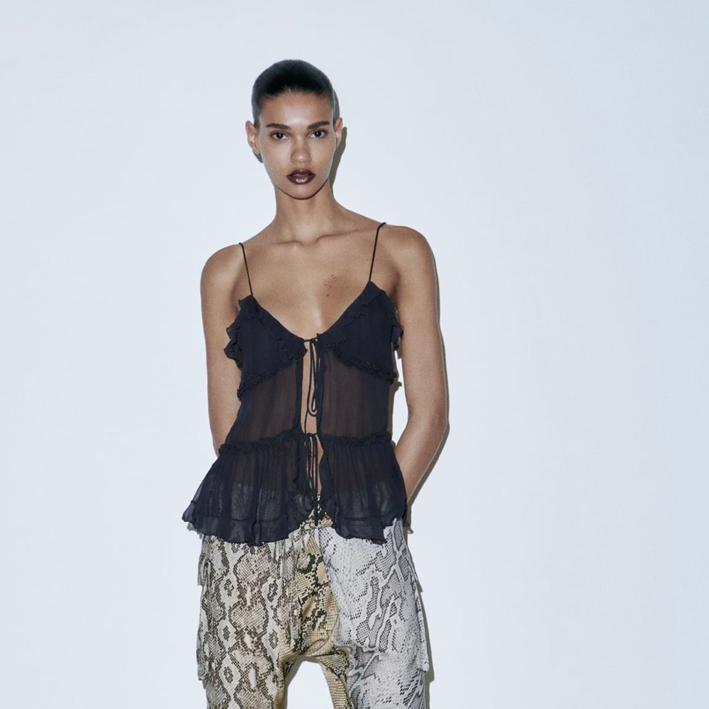 NWT Zara ruffled black semi-sheer tank top